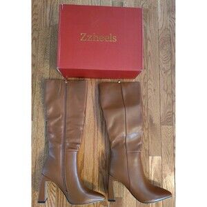 Zzheels Womens Knee High Boots Brown Matte Block Heel Side Zip Size 9.5 NIB